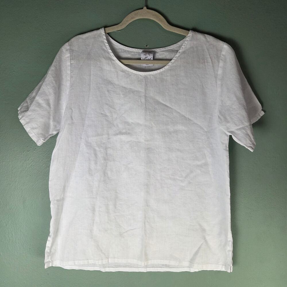 Match Point Womens White Round Neck Short Sleeve Linen Top Lightweight Summer